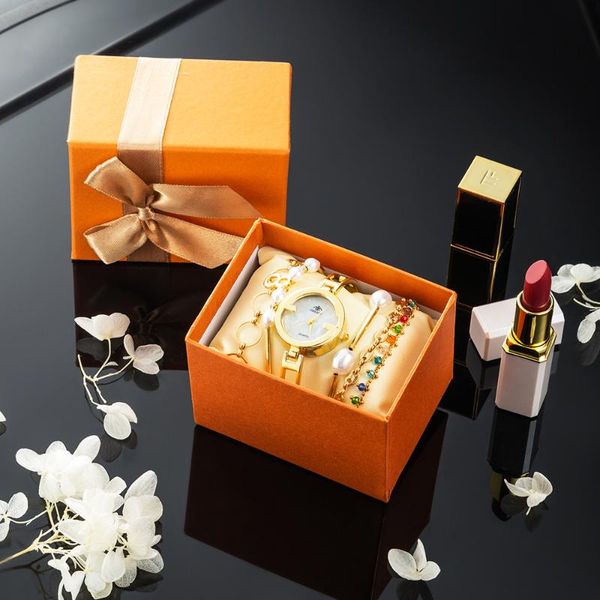 

6pcs/set selling girls watches gift set gold skin quartz and 5pcs bracelets fashion ladies dress wristwatches, Slivery;brown