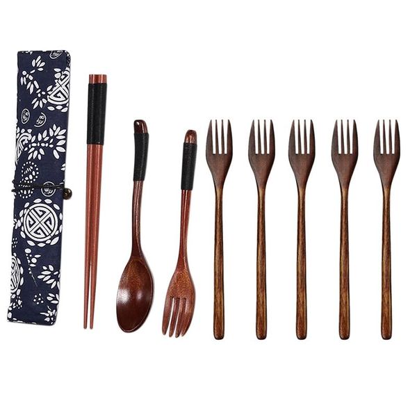 

forks 2 set japanese wooden tablewares: 1 salad dinner fork & dessert chopsticks spoon