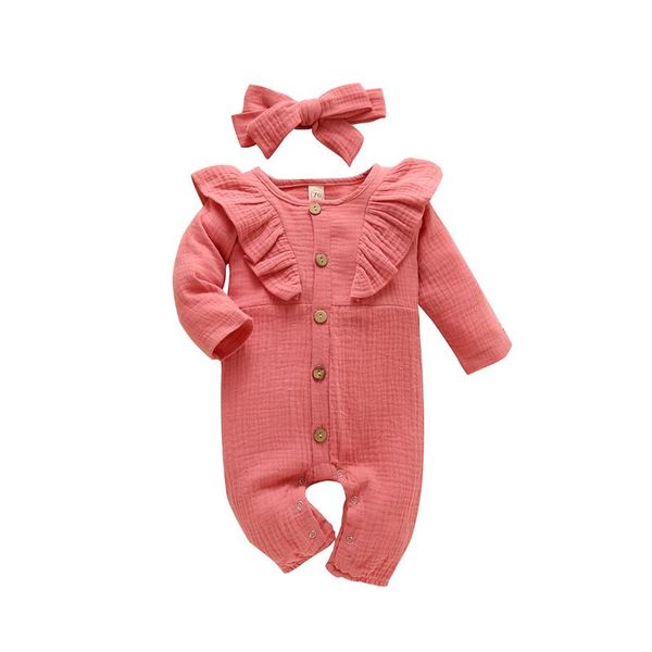 

jumpsuits autumn 2021 born baby girls 2-piece outfit set long sleeve solid color romper+headband for kids 0-24m, Blue