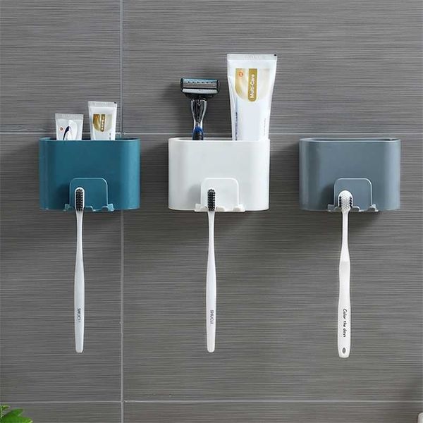 1 pc Toothbrush Tither Punch-Free Wall-Mounts Toothbrush Holder Shaver Dentífrico de Dentífrico Copas Copo De Armazenamento De Armazenamento Banheiro Gadgets 211130