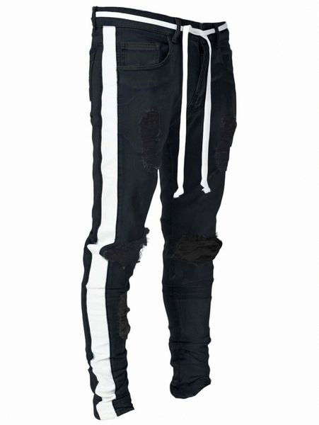 

men contrast panel side ripped jeans 17zc#, Blue