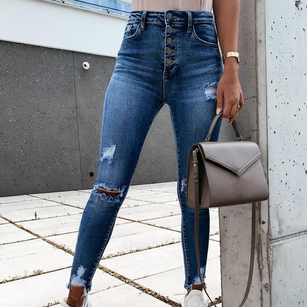 

women's jeans autumn hole pencil denim pants solid high waist long female trousers 2021 fashion streetwear casual ladies bottom, Blue