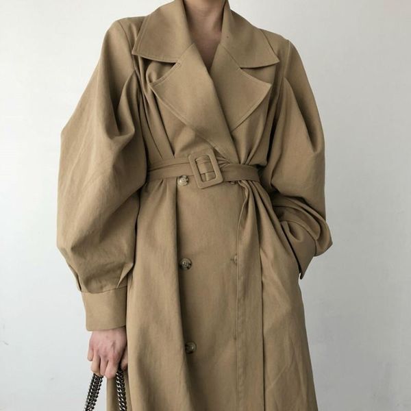 

women's trench coats autumn double breated oversize long coat lady streetwear korean outwear runway windbreaker elegant women, Tan;black
