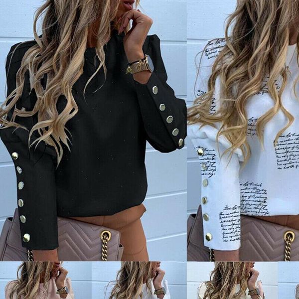 

plus size fashion metal buttoned womens shirt sleeve casual long o neck solid print xxxl fall clothes, White