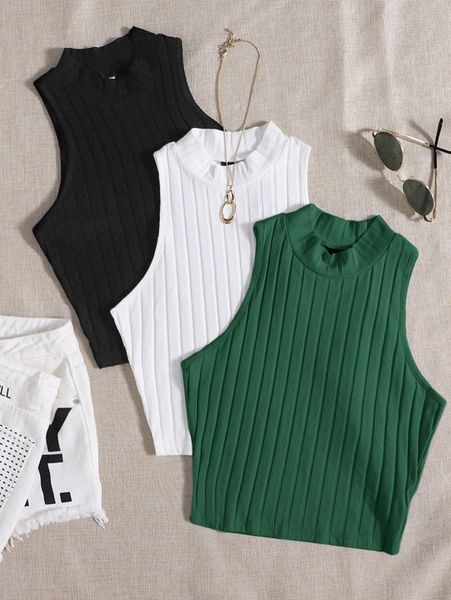 

3 pack mock neck rib-knit tank 47ij#, White