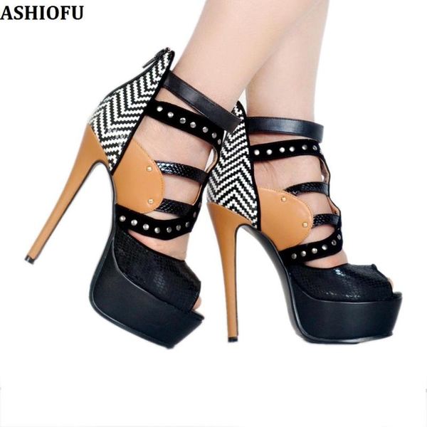 

handmade womens sandals patchwork leather rivets spikes peep-toe platform fashion evening club shoes, Black