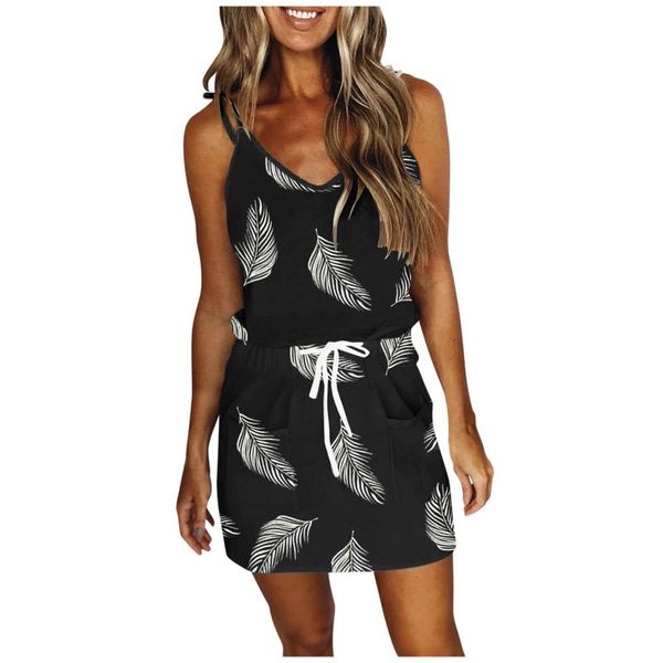 

casual dresses feather print sleeveless strap open mini dress for women spaghetti drawstring pocket high waist vestidos robe, Black;gray