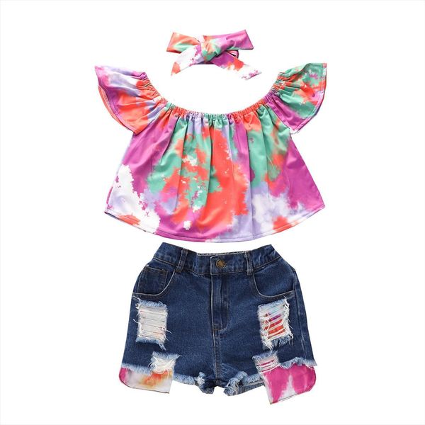 

kids girls fashion 3 piece outfit set tie dye ripped denim shorts headband, White