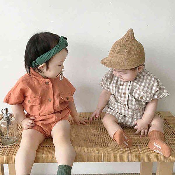 Vestiti estivi per neonati Magliette in puro cotone e fioriere per bambine Set per bambini Set di abbigliamento scozzese 210429