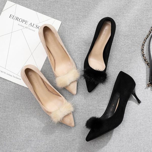 

dress shoes plus size thin high heels 6.5cm woman 2021 winter flock solid slip-ons point toe real fur furry fluffy balls pumps, Black