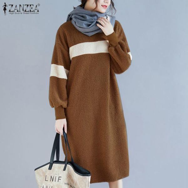 

female long sleeves vestidos plus size womens autumn pocket sweatshirt dress zanzea o neck midi casual soft patchwork robe dresses, Black;gray