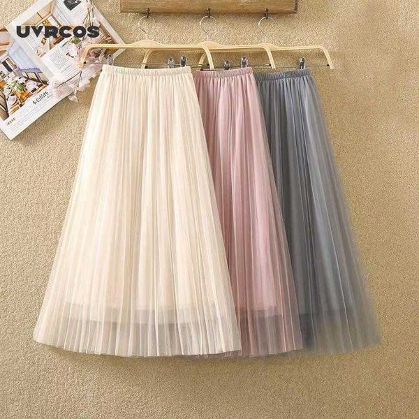 

elastic high waist women tulle skirt fashion spring summer ladies mesh long skirt elegant a line girls korean 210712, Black