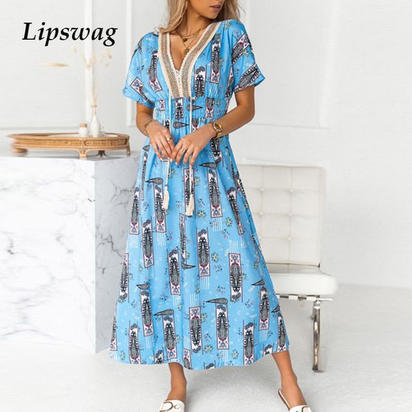 

v-neck women tassel party dress elegant vintage pattern printed long dress spring summer casual short sleeve dress vestidoshigh quality, Black;gray