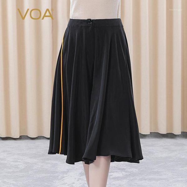 

voa30 mm heavy weight silk mid waist one grain sand wash black gold contrast trim split leg skirt ke235 women's pants & capris, Black;white