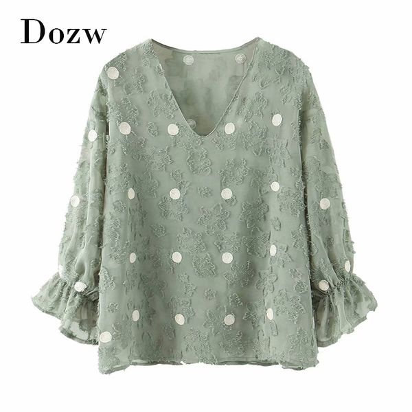 

women chic polka dot chiffon blouses v neck flare sleeve elegant shirt tunic vintage loose blouse casual ladies blusas 210414, White