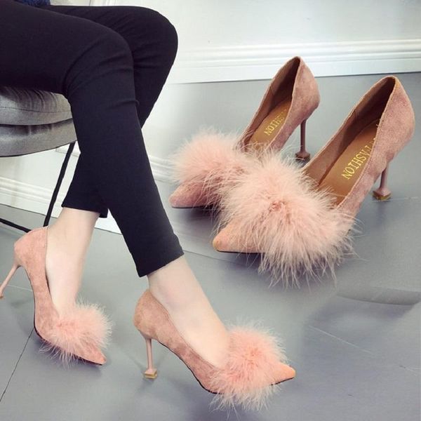 

korean version wild suede pointed shallow mouth single shoes stiletto high heels classic fashion women dress, Black