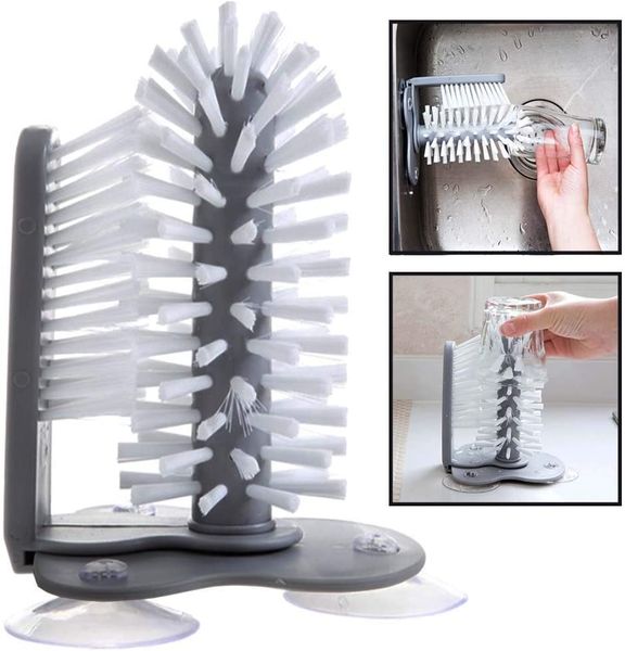 

water bottle cleaning brush glass cup washer with suction base bristle brushbar kitchen sink home tools grey