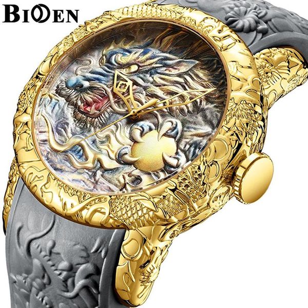 

wristwatches embossed 3d dragon sculpture watch men quartz watches waterproof gold big dial reloj male clock luxury biden engrave todo, Slivery;brown