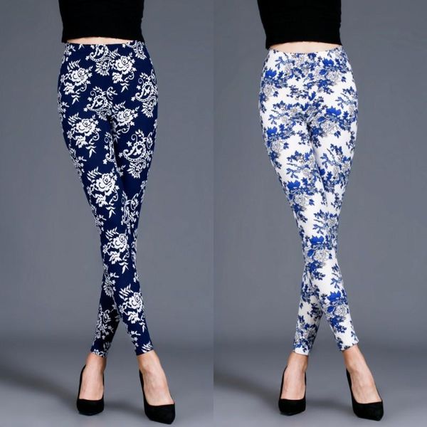 

women's leggings 2021 spring summer fashion blue and white porcelain flower fitness women clothing plus size, Black