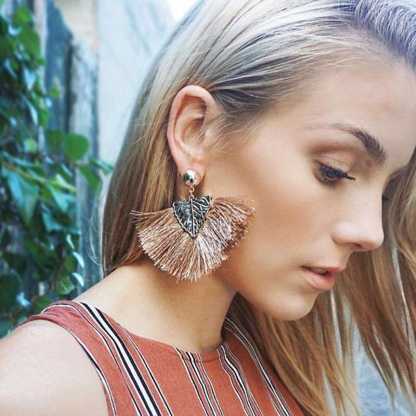 

dangle & chandelier coco&willow leaf pattern tassel earrings, fan shape bohemian earrings for women, fringed chic fashion jewelry party and, Silver