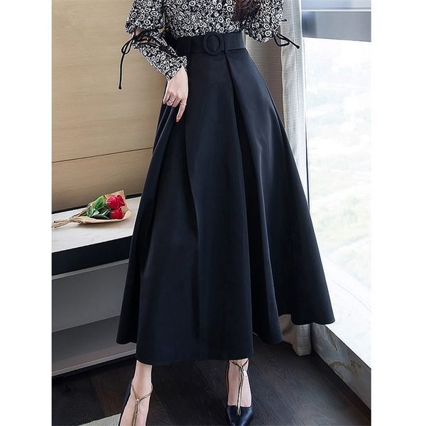 

spring & autumn high-waisted thin hepburn umbrella skirt simple black all-match women a-line long 210527