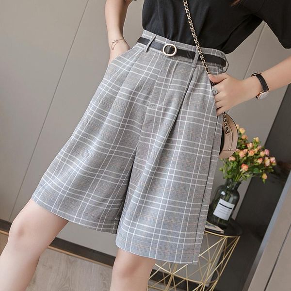 

women's shorts women summer elegant all-match loose straight with belt female high waist vintage plaid wide leg suits office lady, White;black