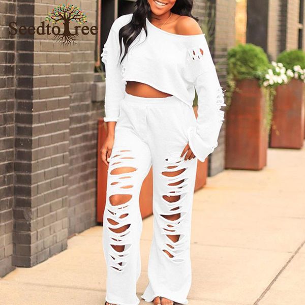 

women's tracksuits solid hole design sets full sleeve slash neck hallow out two pieces set women, Gray