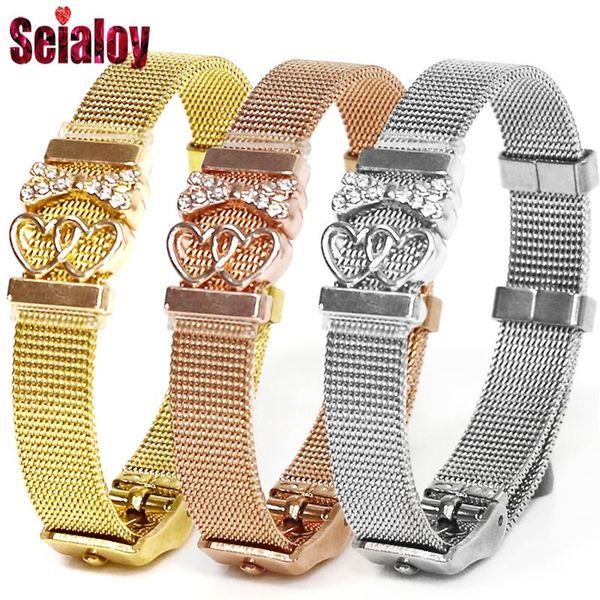 

charm bracelets rose gold stainless steel mesh watch belt bracelet for women couple lover original double heart bow strap bangle, Golden;silver