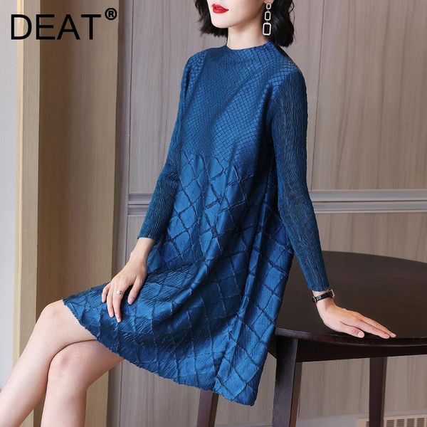 

casual dresses deat woman pleated midi dress solid embossing long sleeve o collar loose waist style lady 2021 autumn fashion 15xm895, Black;gray