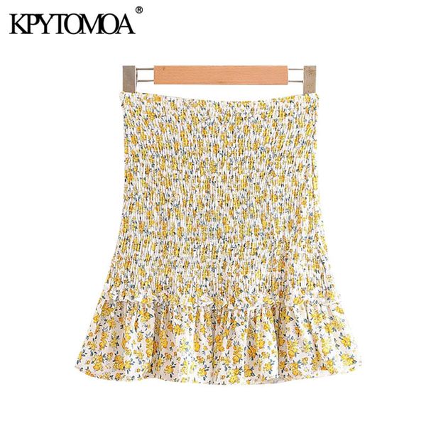 

women sweet fashion floral print ruffled mini skirt vintage high elastic waist smocked female skirts mujer 210416, Black