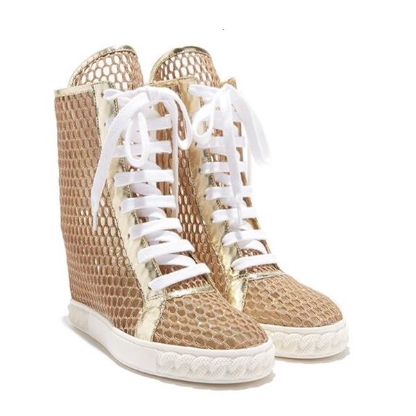 

boots dipsloot woman gold and goldust hollow out high ironic shoes finger round foot lace up to eight cm hidden nylon wedge net short boots, Black