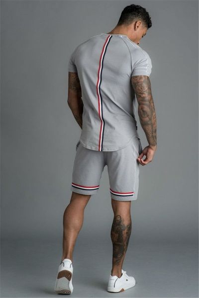 

casual striped printed patchwork color suits summer short sleeve mens tracksuits o neck knee length 2pcs sports sets, Gray