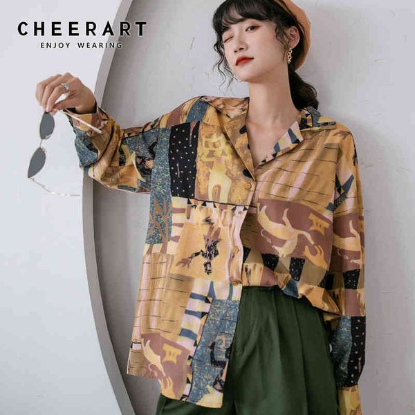 

aesthetic oil paint long sleeve blouse women shirts yellow lapel loose vintage shirt fall fashion blouses 210427, White