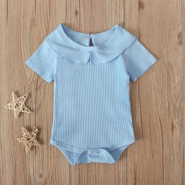 

summer born baby girls short sleeve solid outfit cute ruffle ribbed knitted casual romper jumpsuit infant clothes rompers, Blue