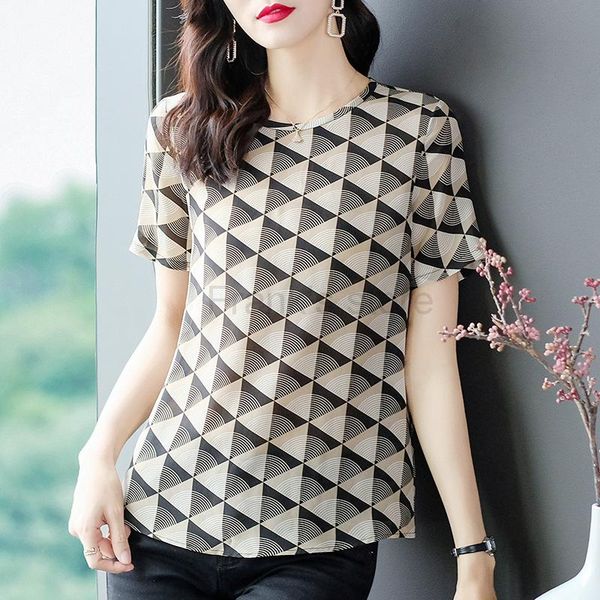 

women's high end 100% silk geometric printing t-shirt short sleeve 69099, White