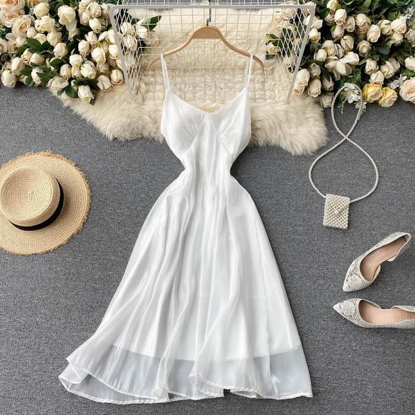 

casual dresses 2021 summer fashion women elegant white spaghetti strap sleeveless empire a-line dress vestido midi elegante j253, Black;gray