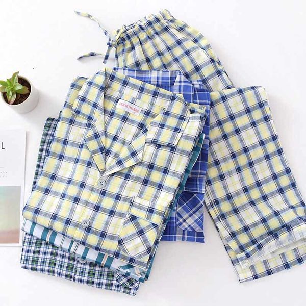 

women's sleepwear spring and autumn men pajamas set plaid simple style turn-down collar gauze cotton comfort loose homewear casual, Black;red