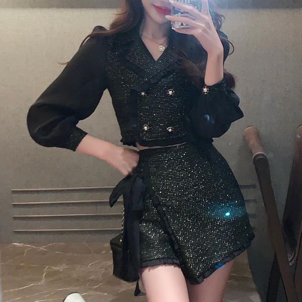 

women's tracksuits korean fashion autumn nail button blazer + waist pleated shorts skirts suits preppy style two piece sets wom, Gray
