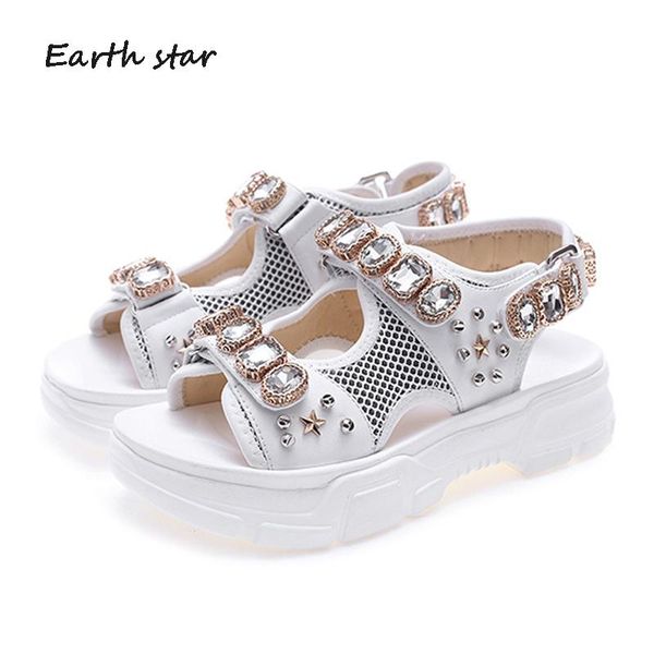 

crystal shoes women chunky sandals rhinestones sandalias mujer 2021 brand wedges high summer white rivet, Black