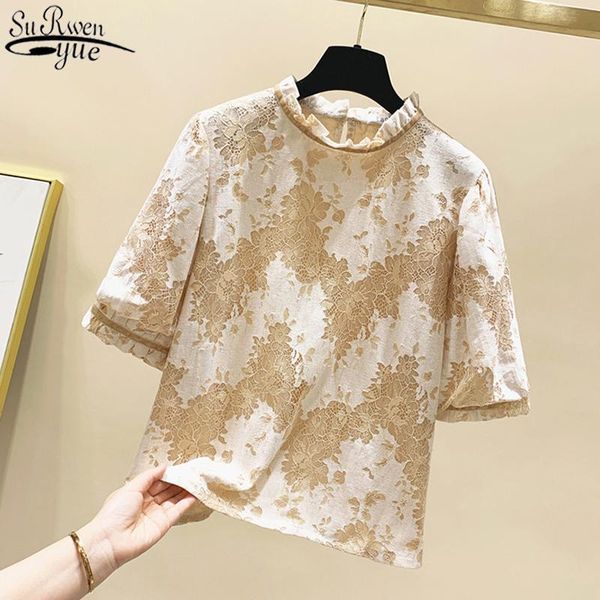 

women's blouses & shirts 2021 print shirt office lady clothing short sleeve blouse korean chic lace women floral blusas mujer 10260, White
