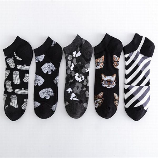 

men's socks men no show funny fashion trend breathable 100% cotton with camouflage zebra leopard pattern art printing summer, Black
