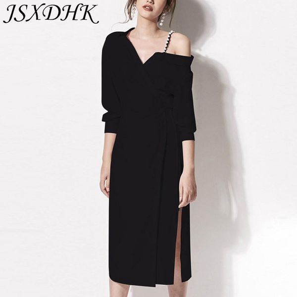 

casual dresses jsxdhk runway designer womem party dress autumn black long sleeve beading shirt fashion split lace up off shoulder vestido, Black;gray