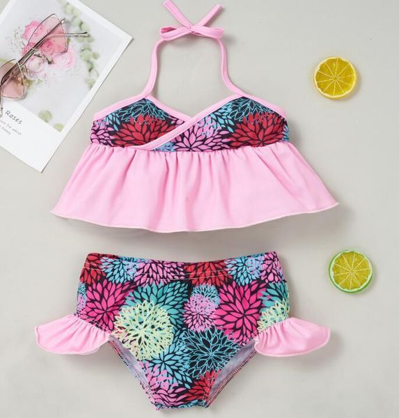 

children printed split swimsuit set girls lace-up sleeveless backless v-neck bikini + elastic waistline panties with ruffles one-pieces, Black