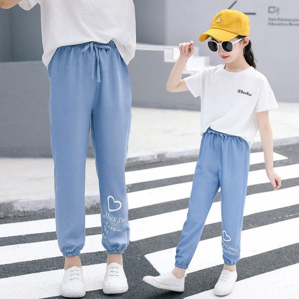 

jeans girls summer thin denim pants kids baby elastic waist embroidery patchwork ankle-tied teens casual quality trousers, Blue