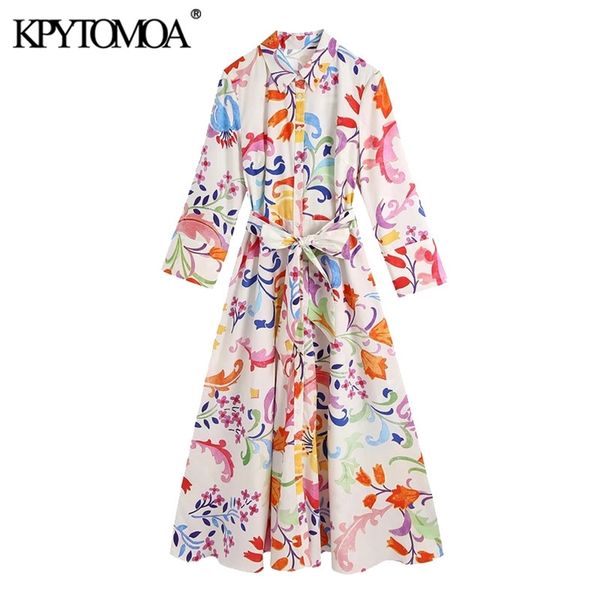 

kpytomoa women chic fashion with belt floral print midi dress vintage three quarter sleeve button-up female dresses mujer 210730, Black;gray