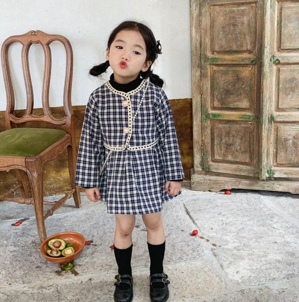 

clothing sets retail 2021 baby girls fashion plaids sets, coat+skirts 2-7t, White