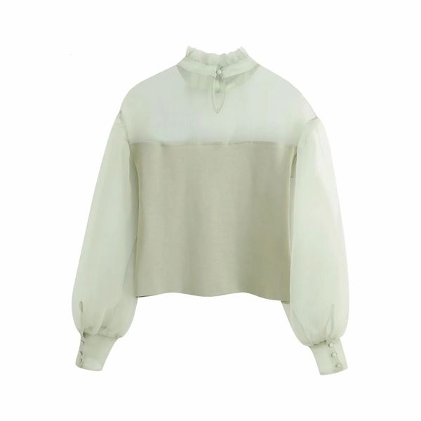 

long sleeve women blouses autumn women's shirts clothing transparent stiff yarn knitting jacket, White