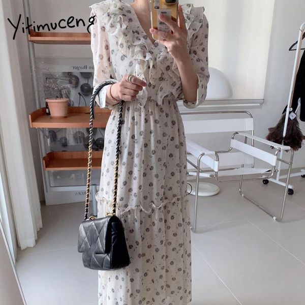 

casual dresses yitimuceng floral print for women summer spring 2021 ruffles korean fashion midi dress long sleeve white black sundress, Black;gray