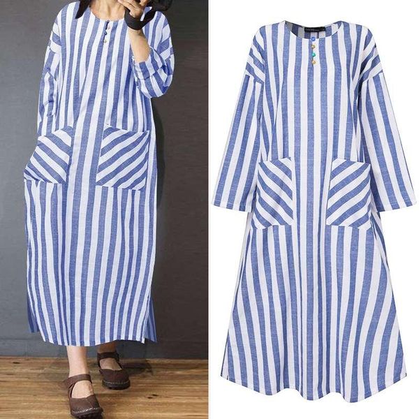 

casual dresses women's autumn striped maxi dress zanzea o neck sundress long sleeves vestidos female loose robe femme plus size s-5xl, Black;gray