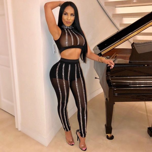 

mesh rhinestone 2 pieces set summer black women two piece outfits crop and long pants clubwear, White;black